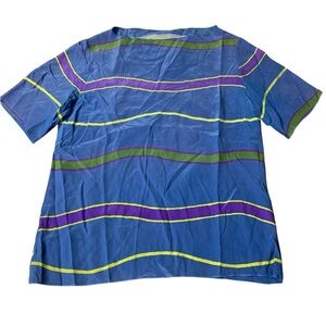 VINTAGE Oleg Cassini 100% Silk Wavy Stripe Blouse - Blue Purple Green - Med/Lg